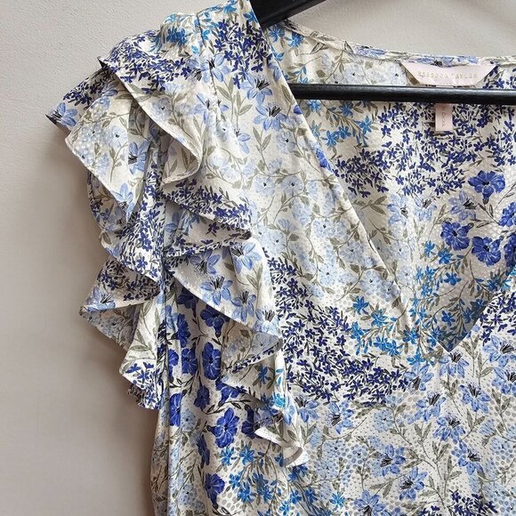 100% Silk Rebecca Taylor Blue & White Floral Dress With Ruffled Size 8 - Picture 3 of 10